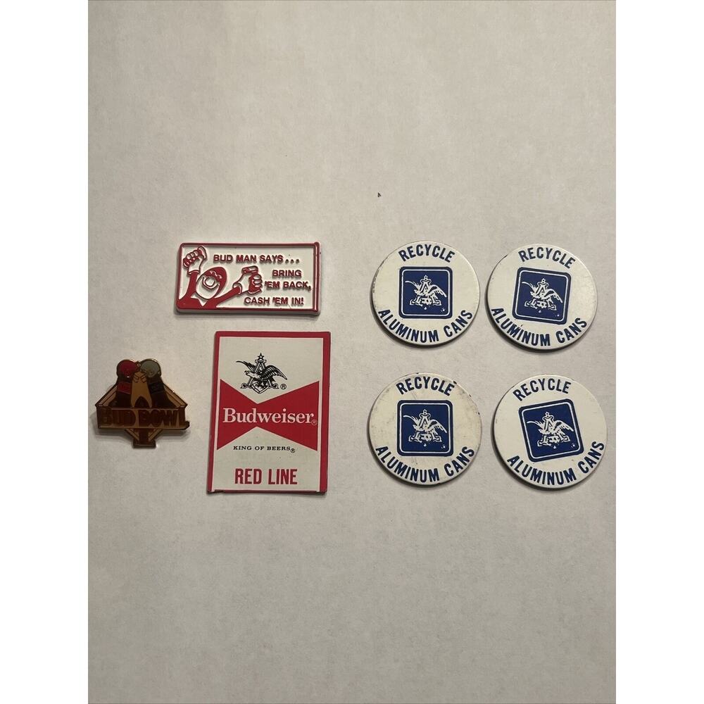 Vintage Lot Of Budweiser Anheuser Busch Magnets And Pin Bud Man Bud Bowl